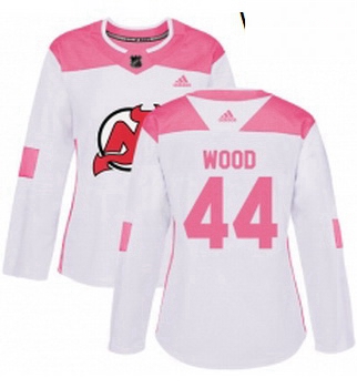 Womens Adidas New Jersey Devils 44 Miles Wood Authentic WhitePink Fashion NHL Jersey