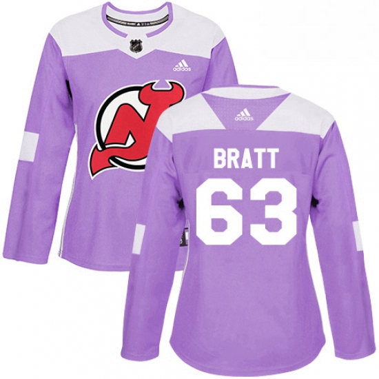 Womens Adidas New Jersey Devils 63 Jesper Bratt Authentic Purple Fights Cancer Practice NHL Jersey