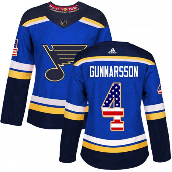 Womens Adidas St Louis Blues 4 Carl Gunnarsson Authentic Blue USA Flag Fashion NHL Jersey