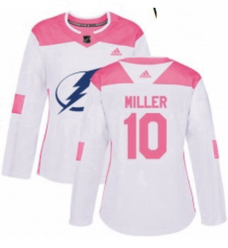 Womens Adidas Tampa Bay Lightning 10 JT Miller Authentic White Pink Fashion NHL Jersey