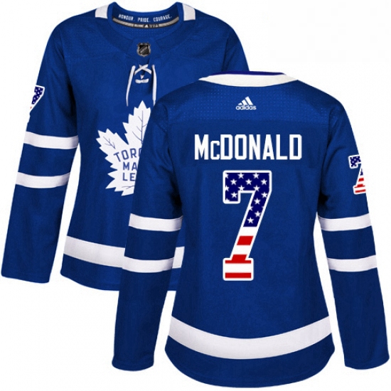 Womens Adidas Toronto Maple Leafs 7 Lanny McDonald Authentic Royal Blue USA Flag Fashion NHL Jersey