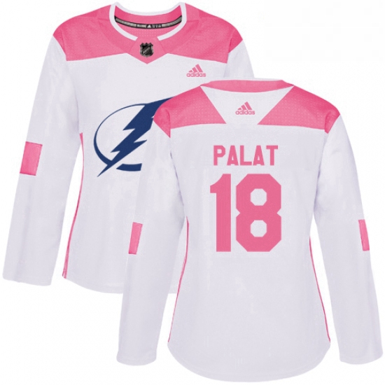 Womens Adidas Tampa Bay Lightning 18 Ondrej Palat Authentic WhitePink Fashion NHL Jersey