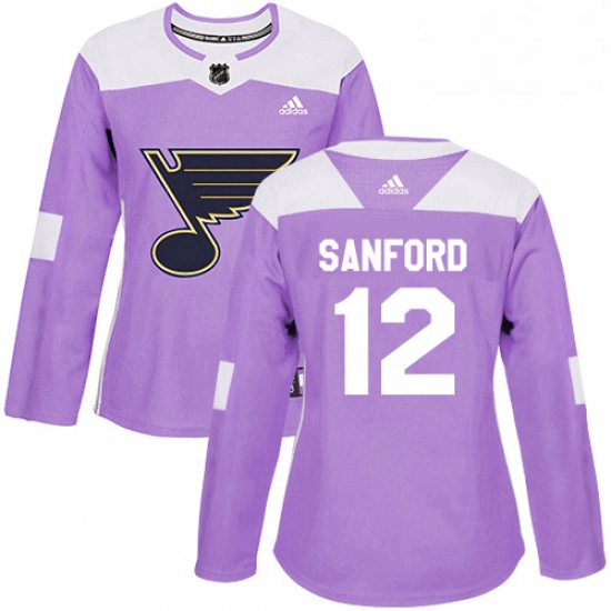 Womens Adidas St Louis Blues 12 Zach Sanford Authentic Purple Fights Cancer Practice NHL Jersey