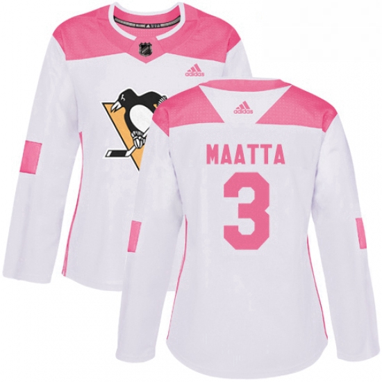 Womens Adidas Pittsburgh Penguins 3 Olli Maatta Authentic WhitePink Fashion NHL Jersey