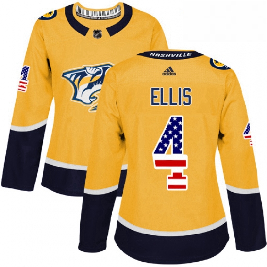 Womens Adidas Nashville Predators 4 Ryan Ellis Authentic Gold USA Flag Fashion NHL Jersey