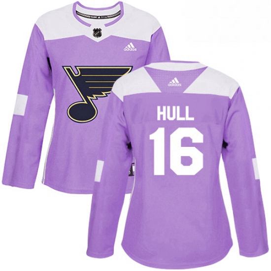 Womens Adidas St Louis Blues 16 Brett Hull Authentic Purple Fights Cancer Practice NHL Jersey