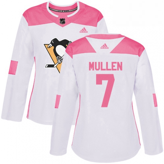 Womens Adidas Pittsburgh Penguins 7 Joe Mullen Authentic WhitePink Fashion NHL Jersey