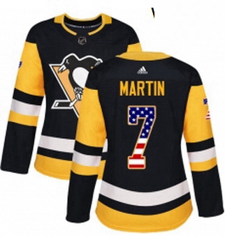 Womens Adidas Pittsburgh Penguins 7 Paul Martin Authentic Black USA Flag Fashion NHL Jersey