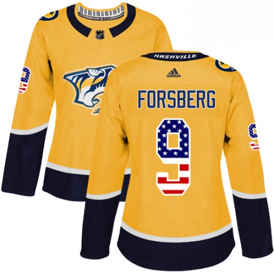 Womens Adidas Nashville Predators 9 Filip Forsberg Authentic Gold USA Flag Fashion NHL Jersey