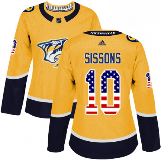 Womens Adidas Nashville Predators 10 Colton Sissons Authentic Gold USA Flag Fashion NHL Jersey