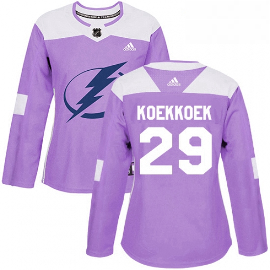 Womens Adidas Tampa Bay Lightning 29 Slater Koekkoek Authentic Purple Fights Cancer Practice NHL Jer