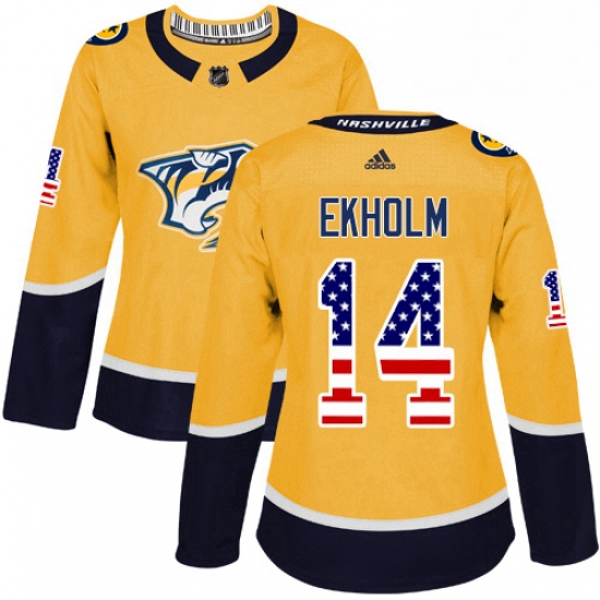 Womens Adidas Nashville Predators 14 Mattias Ekholm Authentic Gold USA Flag Fashion NHL Jersey