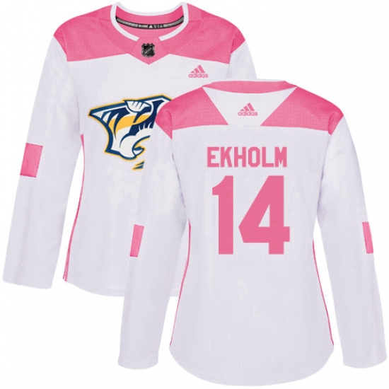 Womens Adidas Nashville Predators 14 Mattias Ekholm Authentic WhitePink Fashion NHL Jersey