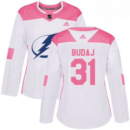 Womens Adidas Tampa Bay Lightning 31 Peter Budaj Authentic WhitePink Fashion NHL Jersey