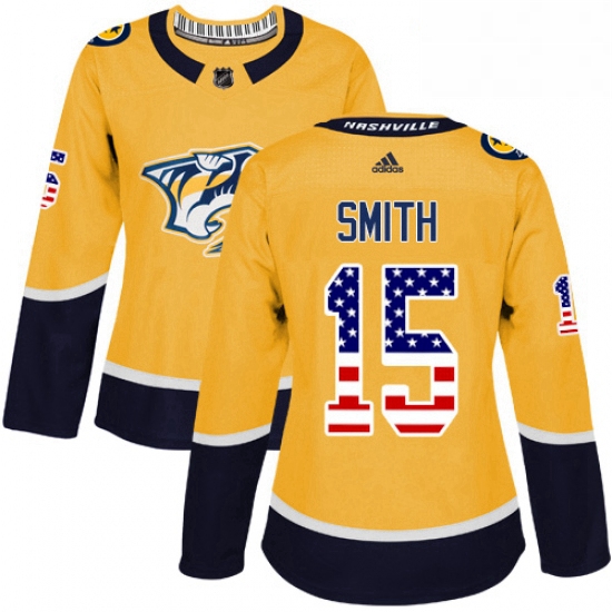 Womens Adidas Nashville Predators 15 Craig Smith Authentic Gold USA Flag Fashion NHL Jersey