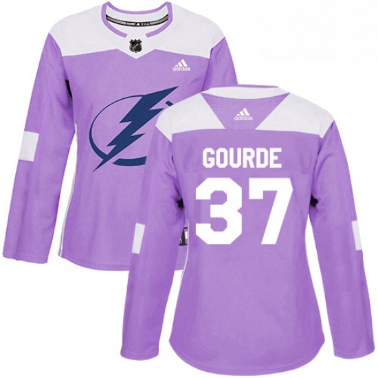 Womens Adidas Tampa Bay Lightning 37 Yanni Gourde Authentic Purple Fights Cancer Practice NHL Jersey