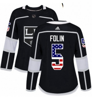 Womens Adidas Los Angeles Kings 5 Christian Folin Authentic Black USA Flag Fashion NHL Jersey