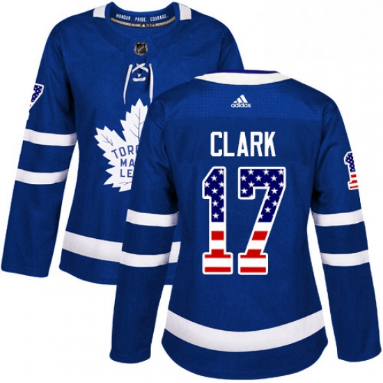 Womens Adidas Toronto Maple Leafs 17 Wendel Clark Authentic Royal Blue USA Flag Fashion NHL Jersey