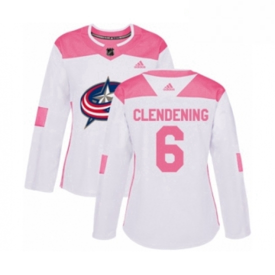 Womens Adidas Columbus Blue Jackets 6 Adam Clendening Authentic White Pink Fashion NHL Jersey