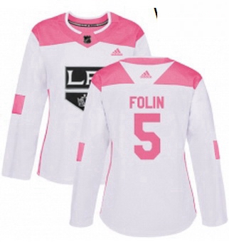 Womens Adidas Los Angeles Kings 5 Christian Folin Authentic WhitePink Fashion NHL Jersey