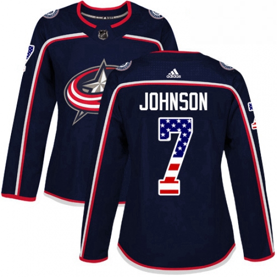 Womens Adidas Columbus Blue Jackets 7 Jack Johnson Authentic Navy Blue USA Flag Fashion NHL Jersey