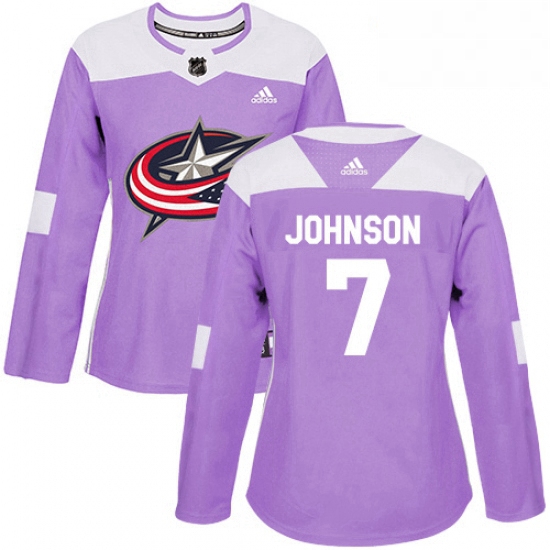 Womens Adidas Columbus Blue Jackets 7 Jack Johnson Authentic Purple Fights Cancer Practice NHL Jerse