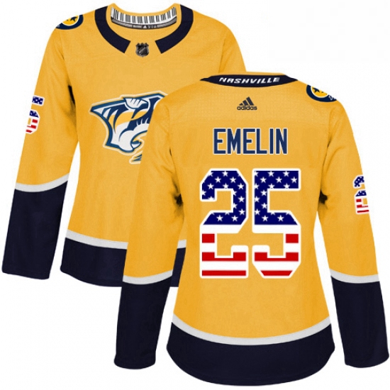 Womens Adidas Nashville Predators 25 Alexei Emelin Authentic Gold USA Flag Fashion NHL Jersey