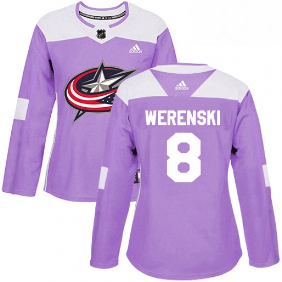 Womens Adidas Columbus Blue Jackets 8 Zach Werenski Authentic Purple Fights Cancer Practice NHL Jers