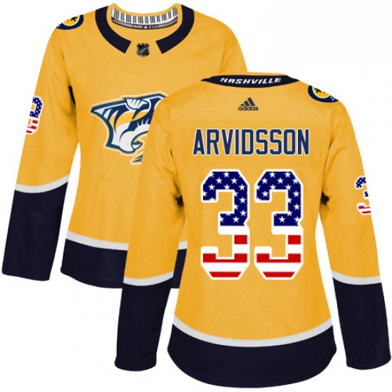 Womens Adidas Nashville Predators 33 Viktor Arvidsson Authentic Gold USA Flag Fashion NHL Jersey