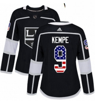 Womens Adidas Los Angeles Kings 9 Adrian Kempe Authentic Black USA Flag Fashion NHL Jersey