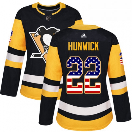 Womens Adidas Pittsburgh Penguins 22 Matt Hunwick Authentic Black USA Flag Fashion NHL Jersey