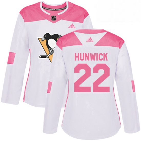 Womens Adidas Pittsburgh Penguins 22 Matt Hunwick Authentic WhitePink Fashion NHL Jersey