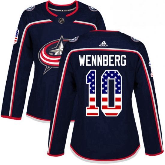 Womens Adidas Columbus Blue Jackets 10 Alexander Wennberg Authentic Navy Blue USA Flag Fashion NHL J