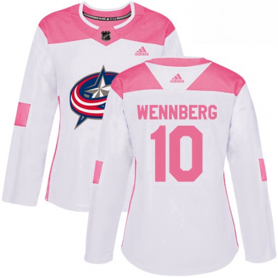 Womens Adidas Columbus Blue Jackets 10 Alexander Wennberg Authentic WhitePink Fashion NHL Jersey