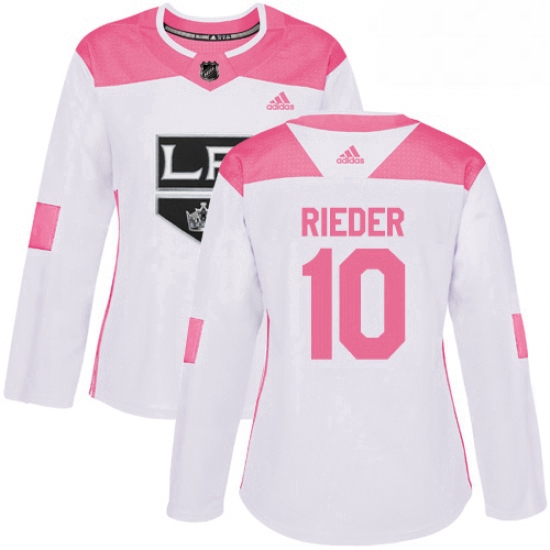 Womens Adidas Los Angeles Kings 10 Tobias Rieder Authentic White Pink Fashion NHL Jersey