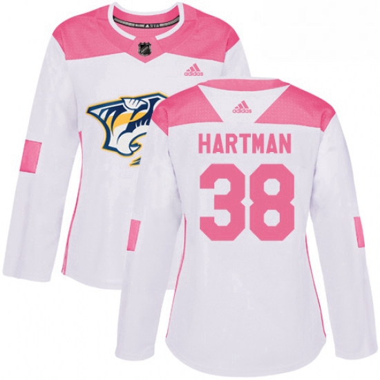 Womens Adidas Nashville Predators 38 Ryan Hartman Authentic White Pink Fashion NHL Jersey