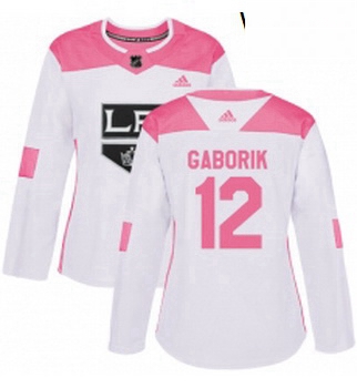 Womens Adidas Los Angeles Kings 12 Marian Gaborik Authentic WhitePink Fashion NHL Jersey