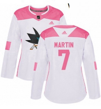 Womens Adidas San Jose Sharks 7 Paul Martin Authentic WhitePink Fashion NHL Jersey