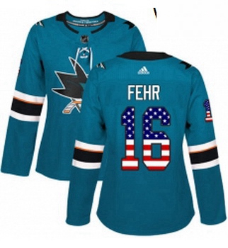 Womens Adidas San Jose Sharks 16 Eric Fehr Authentic Teal Green USA Flag Fashion NHL Jerse