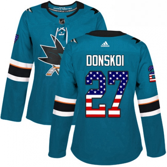 Womens Adidas San Jose Sharks 27 Joonas Donskoi Authentic Teal Green USA Flag Fashion NHL Jersey