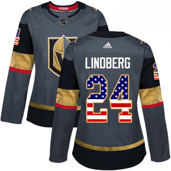 Womens Adidas Vegas Golden Knights 24 Oscar Lindberg Authentic Gray USA Flag Fashion NHL Jersey