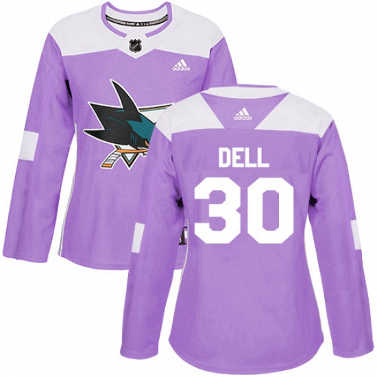 Womens Adidas San Jose Sharks 30 Aaron Dell Authentic Purple Fights Cancer Practice NHL Jersey