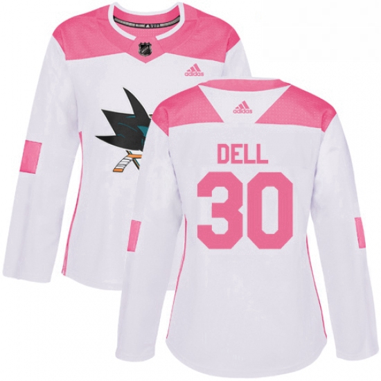 Womens Adidas San Jose Sharks 30 Aaron Dell Authentic WhitePink Fashion NHL Jersey