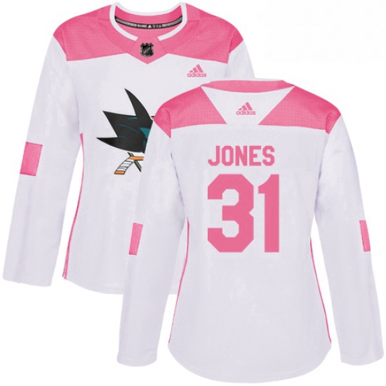 Womens Adidas San Jose Sharks 31 Martin Jones Authentic WhitePink Fashion NHL Jersey