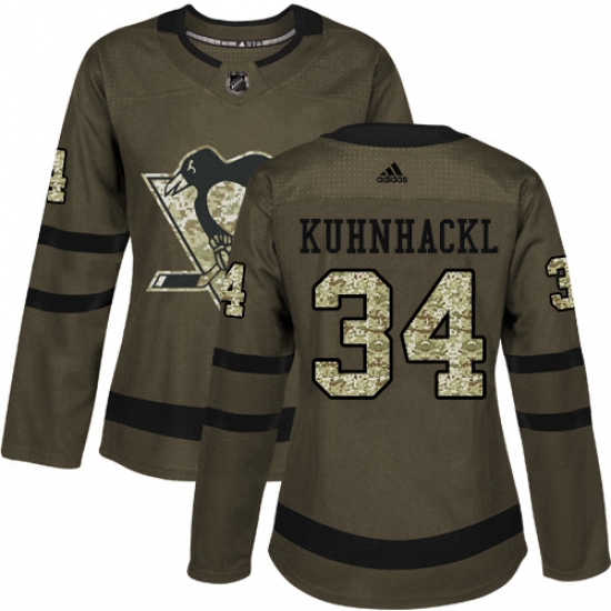 Womens Adidas Pittsburgh Penguins 34 Tom Kuhnhackl Authentic Green Salute to Service NHL Jersey