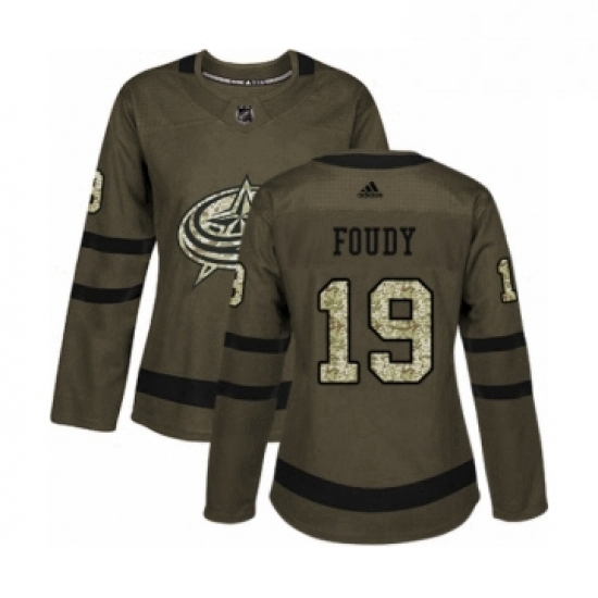 Womens Adidas Columbus Blue Jackets 19 Liam Foudy Authentic Green Salute to Service NHL Jersey