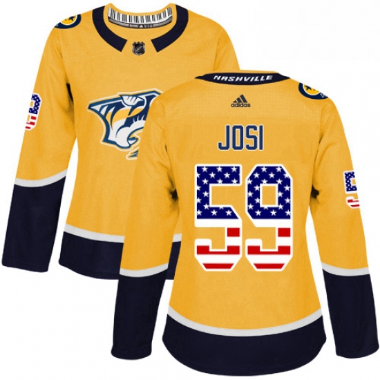 Womens Adidas Nashville Predators 59 Roman Josi Authentic Gold USA Flag Fashion NHL Jersey