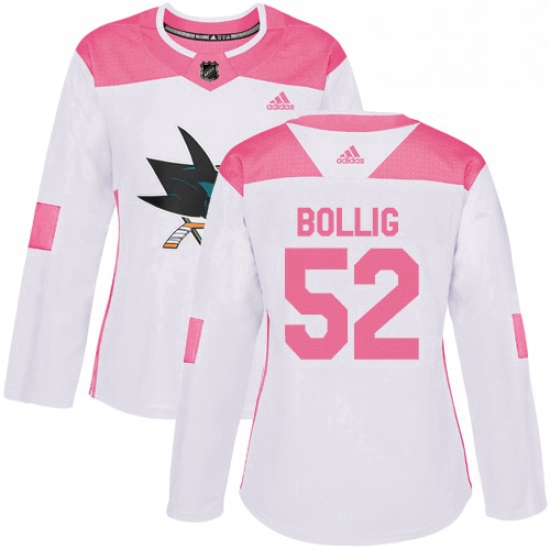 Womens Adidas San Jose Sharks 52 Brandon Bollig Authentic WhitePink Fashion NHL Jersey