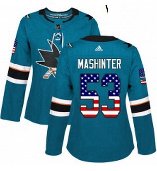 Womens Adidas San Jose Sharks 53 Brandon Mashinter Authentic Teal Green USA Flag Fashion NHL Jersey