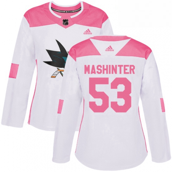 Womens Adidas San Jose Sharks 53 Brandon Mashinter Authentic WhitePink Fashion NHL Jersey